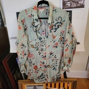 Pilcro Coral and Teal Floral Shirt